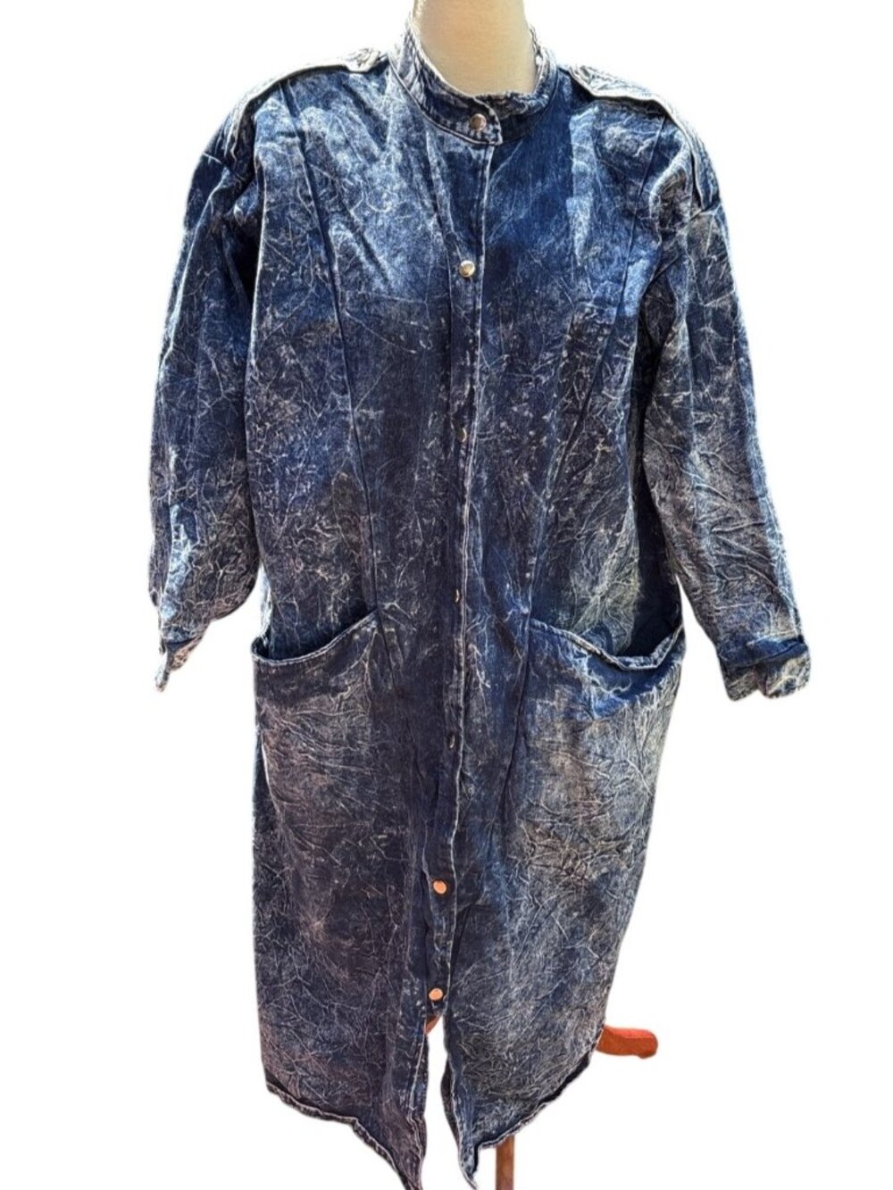 Acid Wash Denim Button Front Long Jacket With Pockets & Shoulder Epaulet Size 24